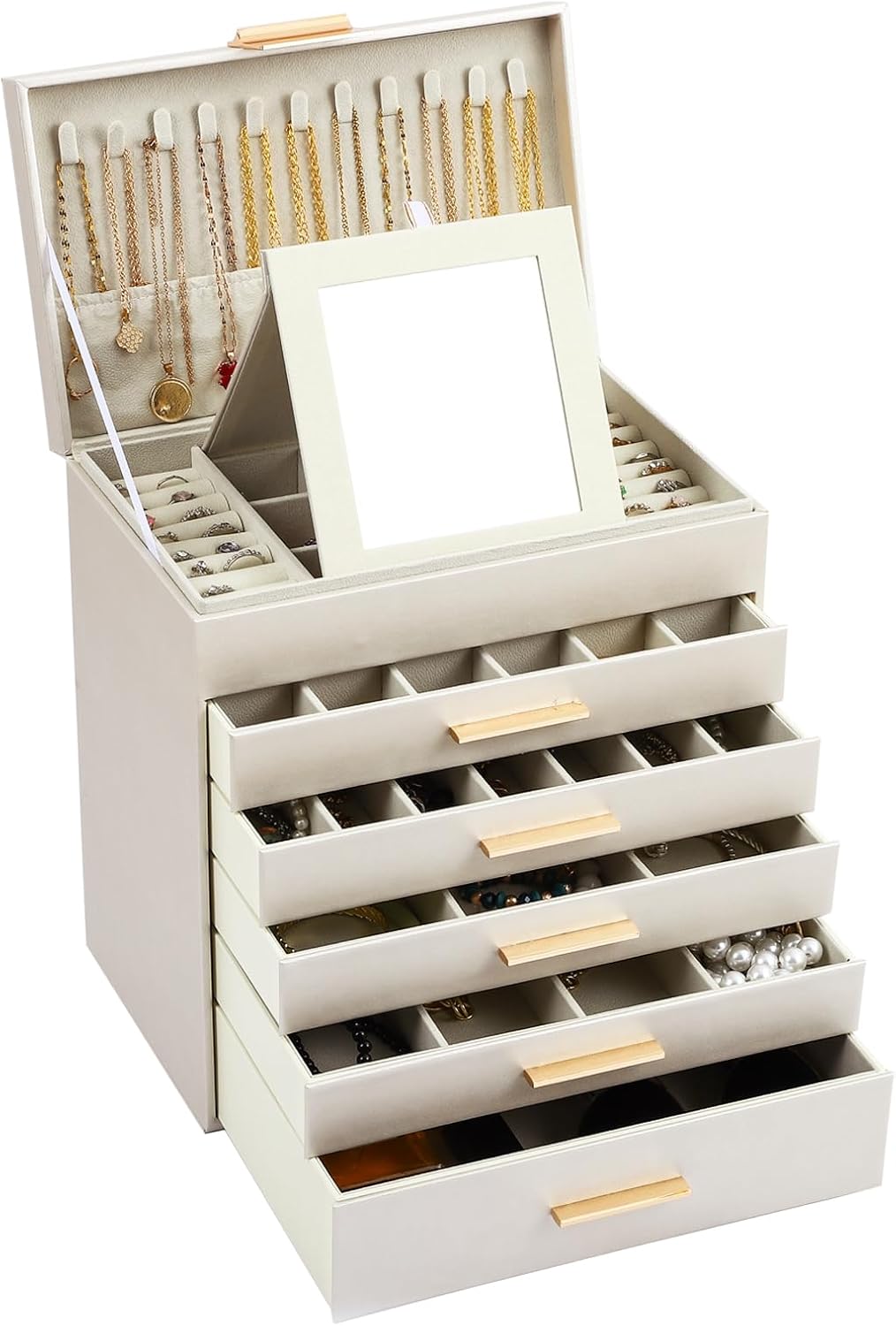 CARLA HOME 6-Layer Large Jewelry Organizer Box for Women with Mirror, Drawers, Hooks & Dividers for Rings, Necklaces, Bracelets, Ideal Gift for Women (White)